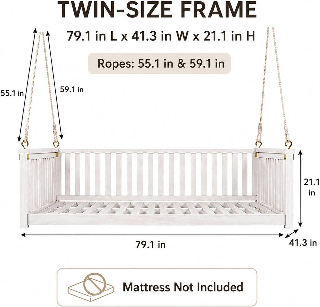 Outdoor Porch Swing Bed, Twin Size Acacia Wood Daybed (White) | Acacia Wood Frame, Hemp Ropes, Fits Twin Mattress