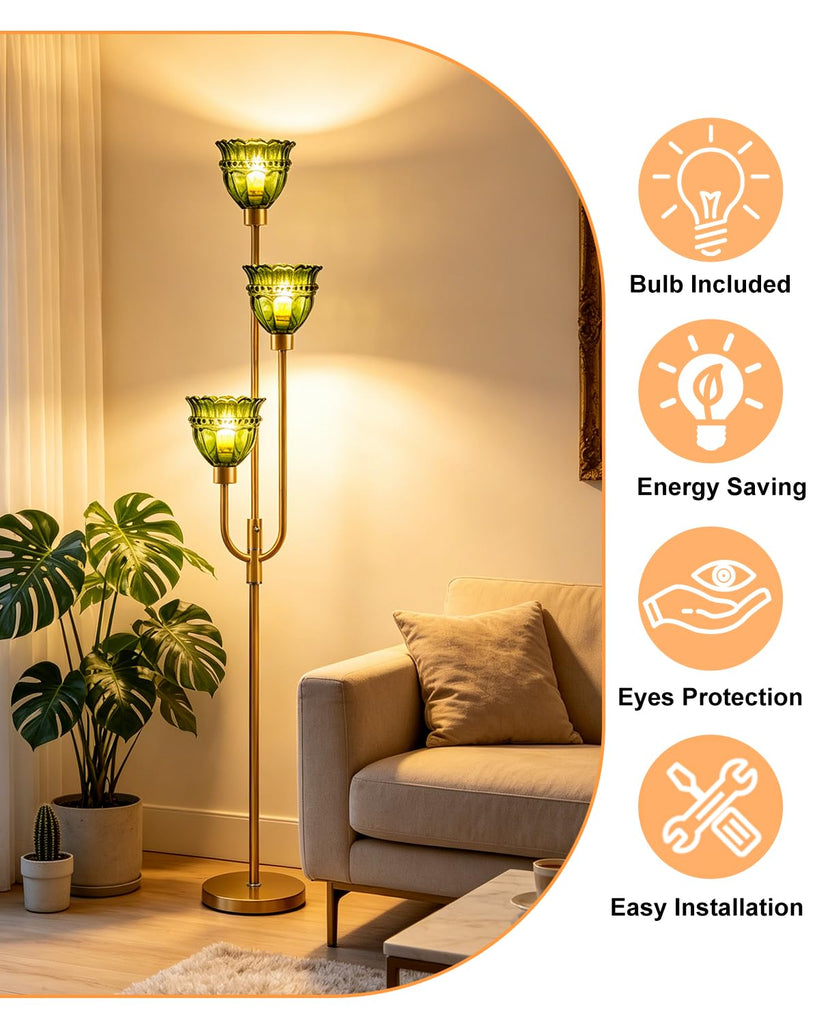 Green Glass Floor Lamp 66IN 3-Light Modern Gold Dimmable Tree Floor Lamps