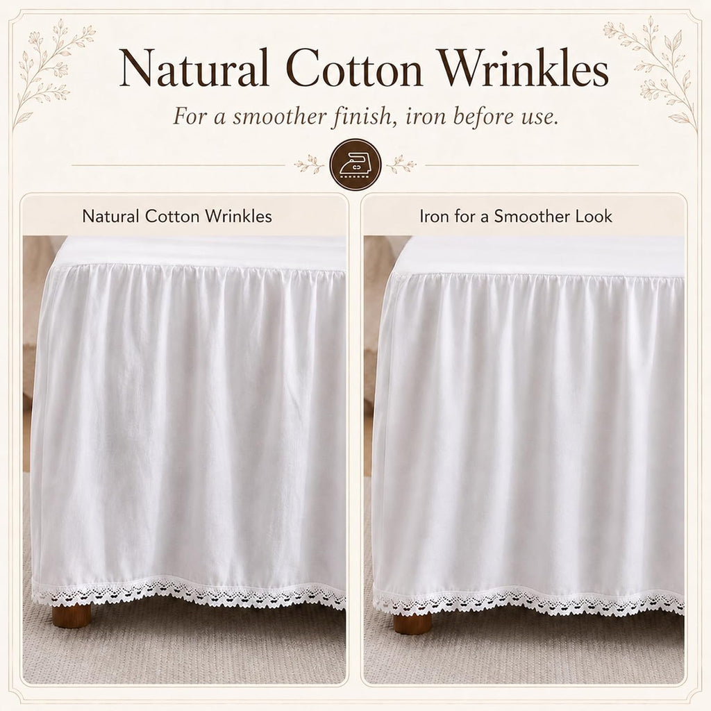 Twin Bed Skirt 18 Inch Drop White - Ruffled Dust Ruffle with Lace Trim, 100% Cotton Soft Breathable Bed Skirt for