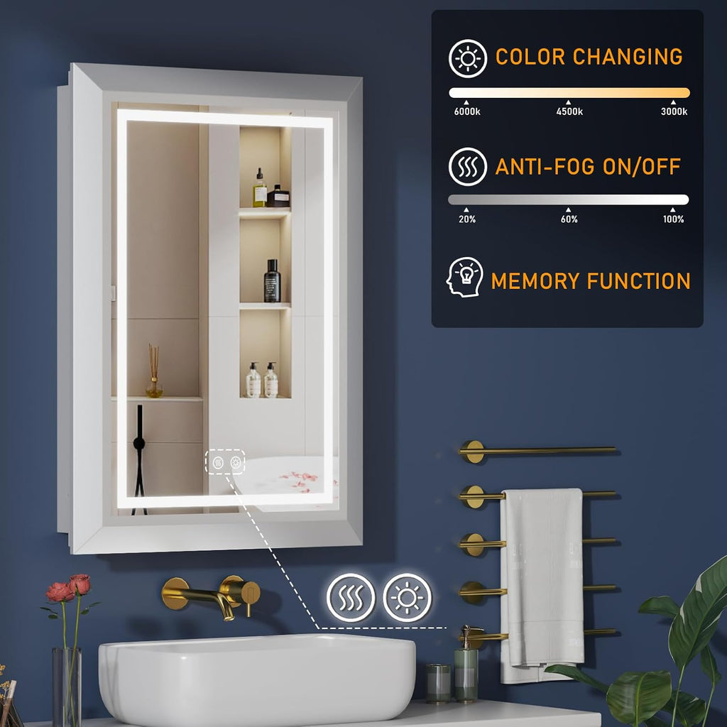 20"x28" White Medicine Cabinet with Lights, Bathroom Mirror with Storage, Dimming 3 Lighting Colors, Fast Defogging