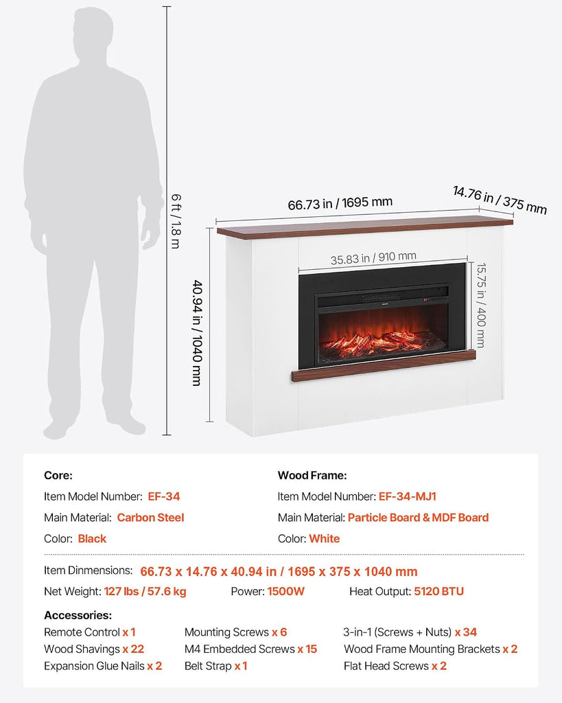 65.5 inch Freestanding Fireplaces, 1500W 5120BTU Fake Electric Fireplace Stove Heater with Mantel, Overheating