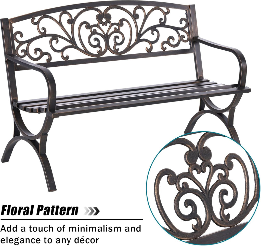 50 Inches Outdoor Garden Bench Cast Iron Metal Frame Floral Bronze | E-Coating Anti-Rust Finish, Weatherproof Outdoor