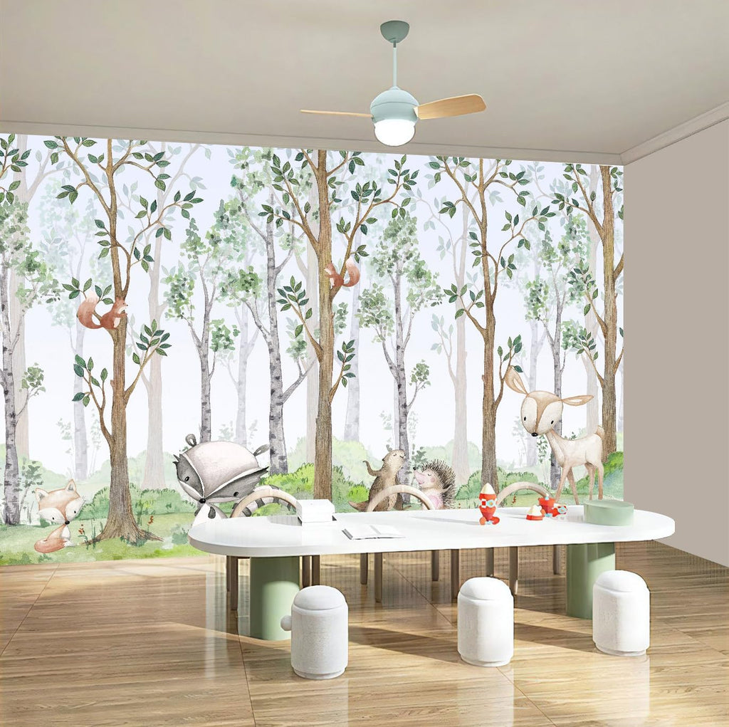Nursery Animals Forest Wallpaper Mural for Kids Room Bedroom | 106"x70" Not Peel and Stick