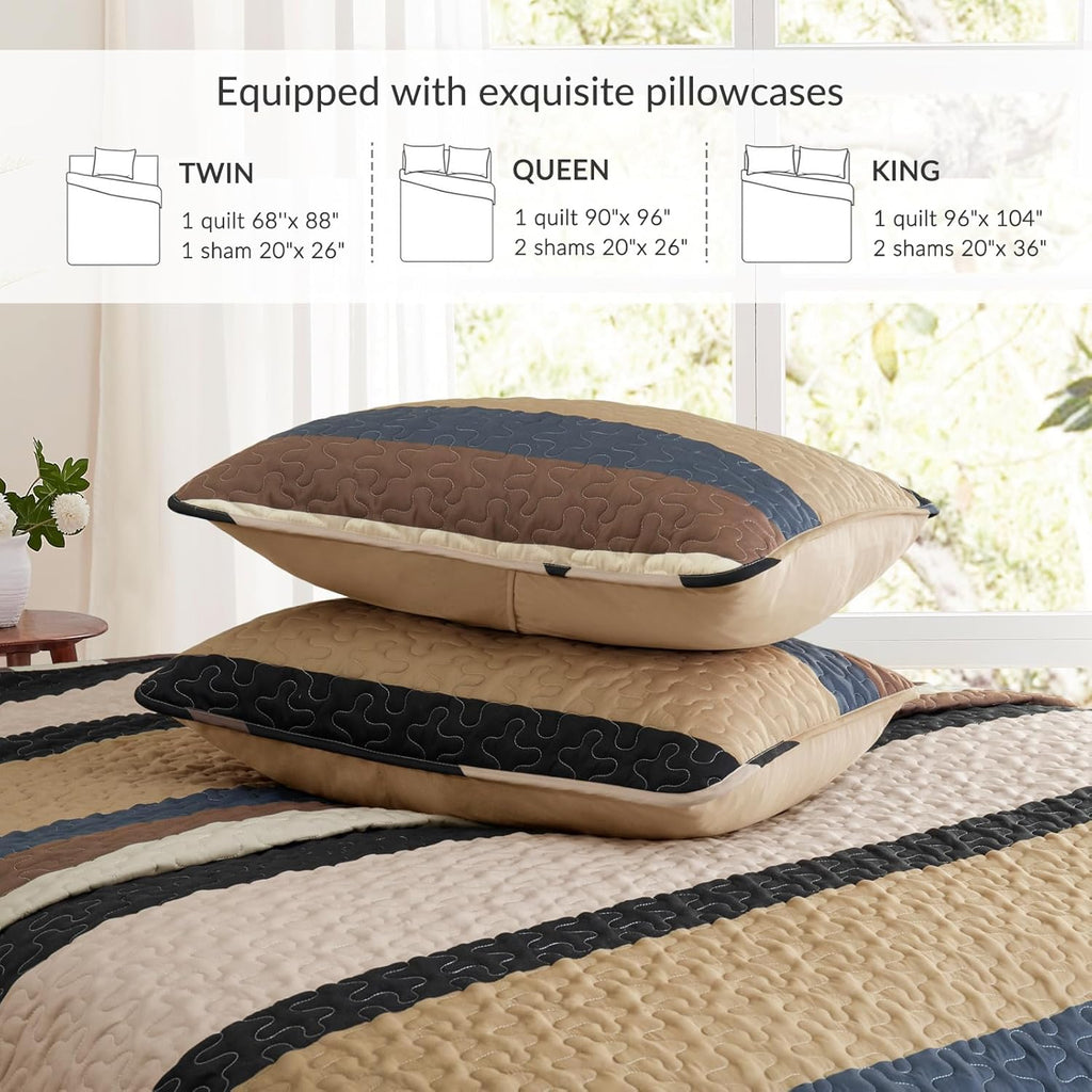 Full Queen Quilt Set - Reversible Camel Quilts Queen with 2 Pillow Shams, Lightweight Boho Striped Bedspreads