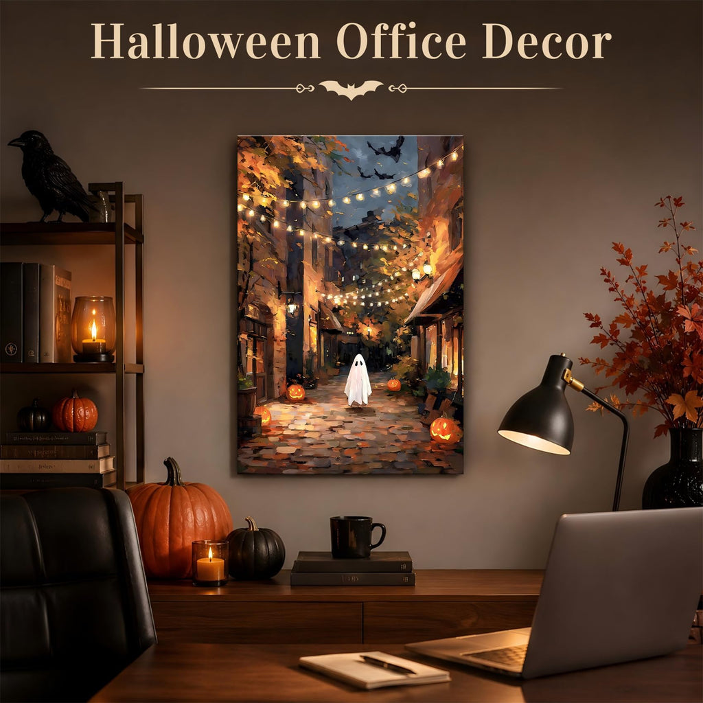 Framed Halloween Ghost Street Wall, Pumpkin Lantern Night Town Canvas Prints, Cozy Spooky Wall Decor Pictures Canvas