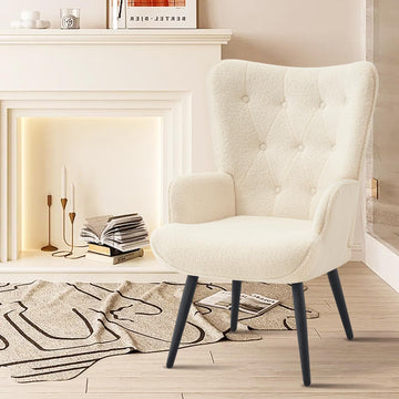 Faux Fur White Accent Chair Mid Century Modern Living Room Chairs; Comfy Armchair Leisure Vanity Guest Wingback Chair