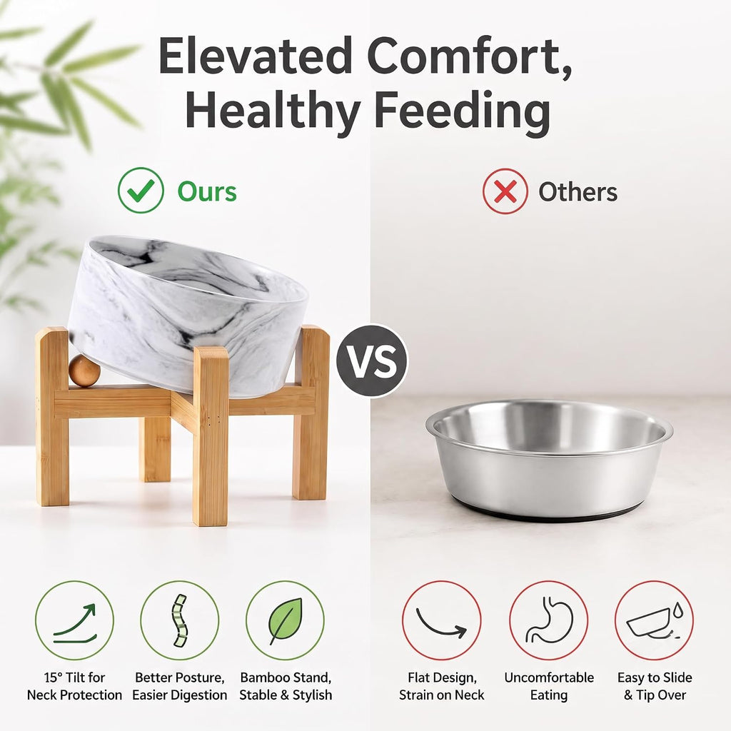 Elevated Ceramic Dog Bowl 15°Slanted Raised Dog Bowl with Bamboo Stand for Small Medium Dogs and Cats, Pet Feeder