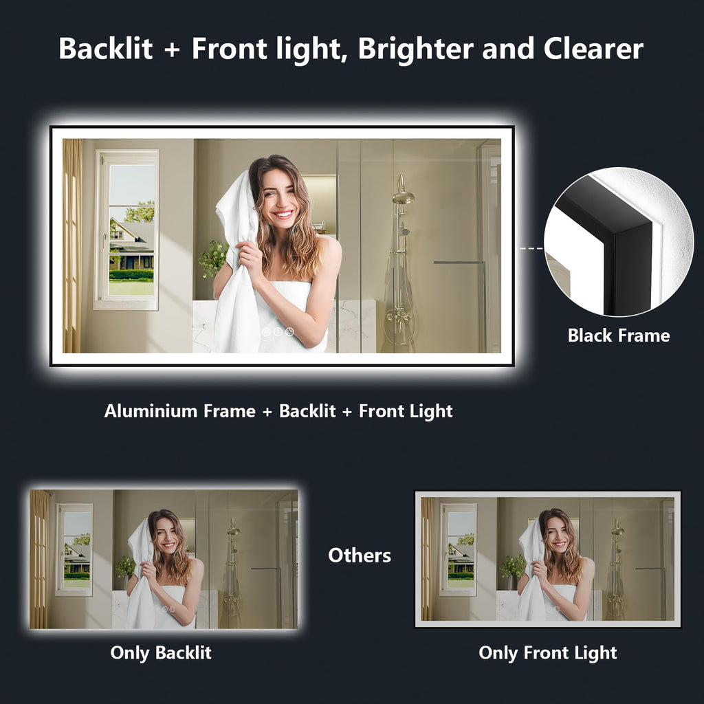 72x36 LED Bathroom Mirror with Lights, Black Framed Lighted Mirror