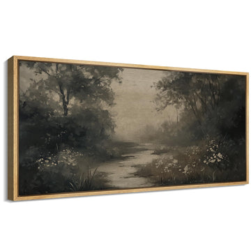 Extra Large Framed Canvas Print Wall Art Dark Forest Path Moody Nature Landscape Illustrations Modern Art Calm Warm