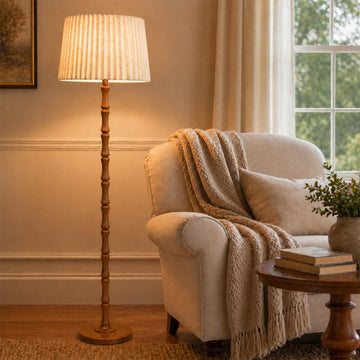 Real Wood Floor Lamp with Dual Lampshades, Sculptural Spindle Standing Lamp with Foot Switch, Modern Farmhouse