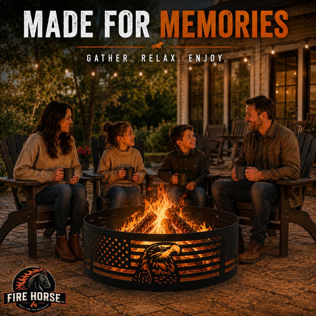 Fire Horse 36 Inch Fire Pit Ring - Wood Burning Fire Ring (Patriotic Eagle)