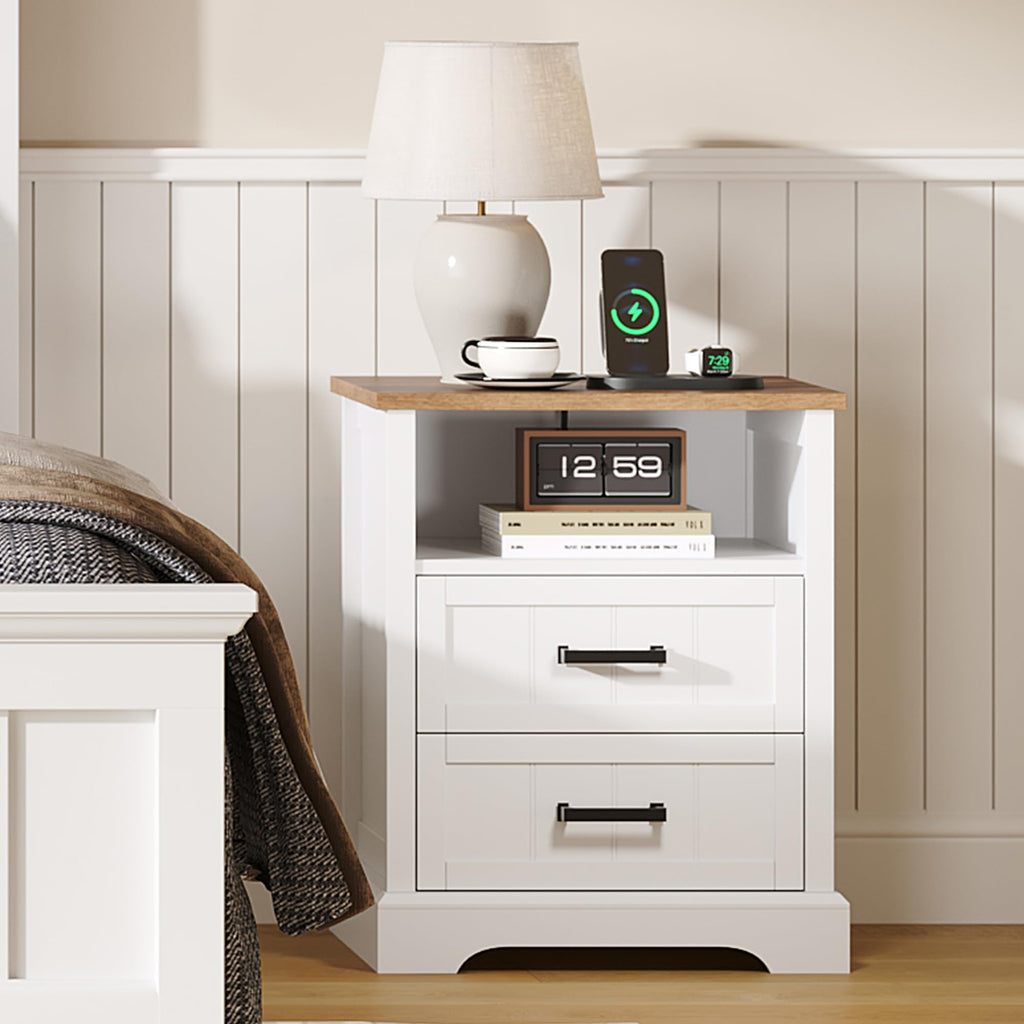 Farmhouse Night Stands with Charging Station 2 Drawers
