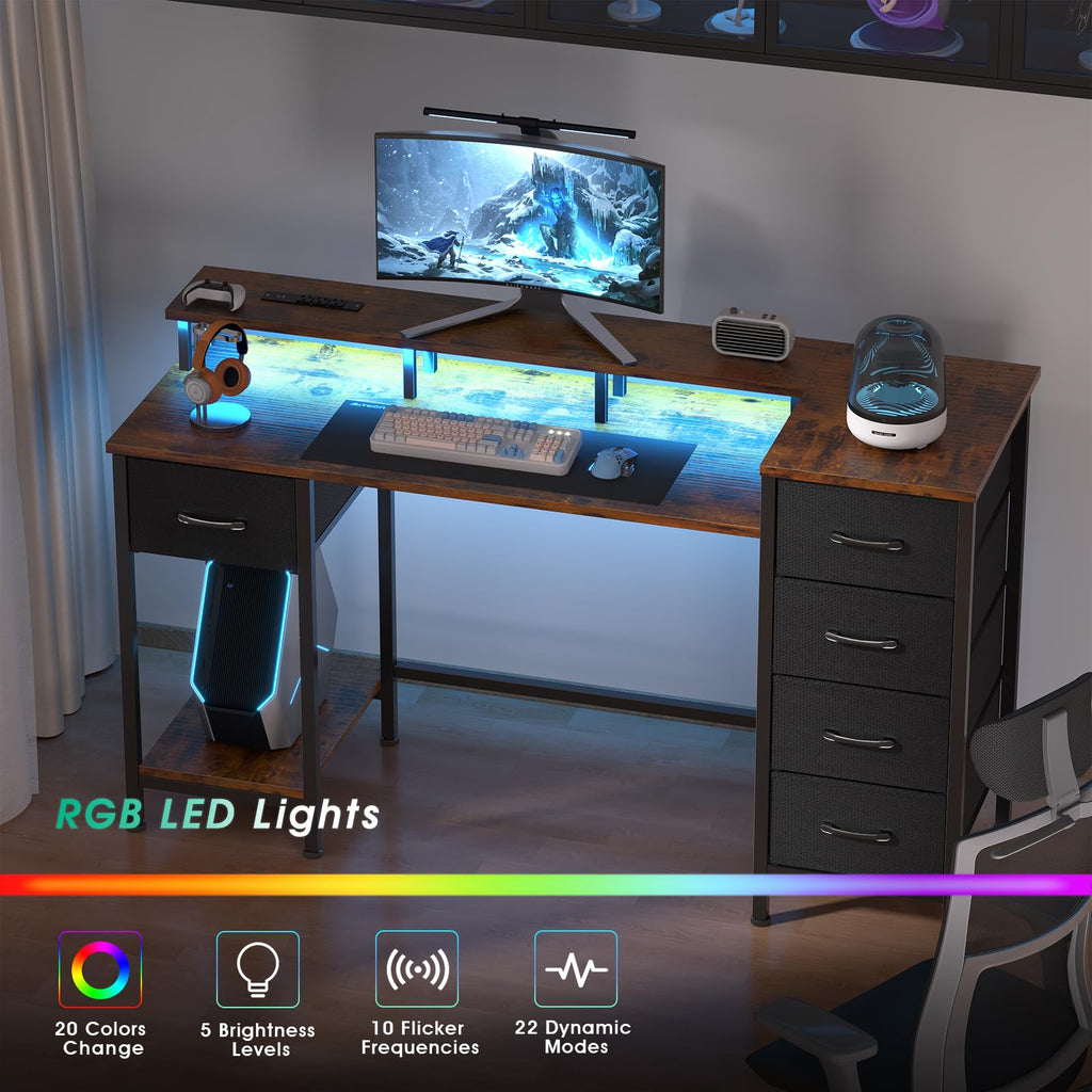47 Inch Computer Desk with Power Outlets, LED, 5 Drawers, Rustic Brown