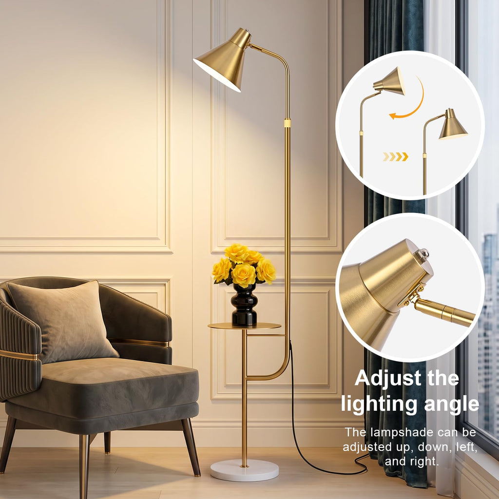 Gold Brass Brushed Floor Lamps with Side Table, Dimmable Light