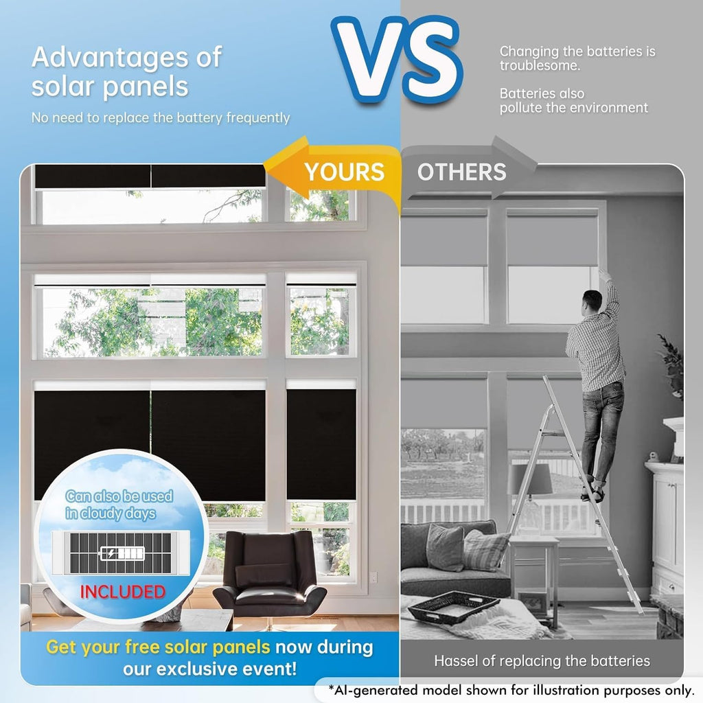 Motorized Blackout Shades, Thermal Polyester, Solar Powered, Customizable, Remote Control, Black
