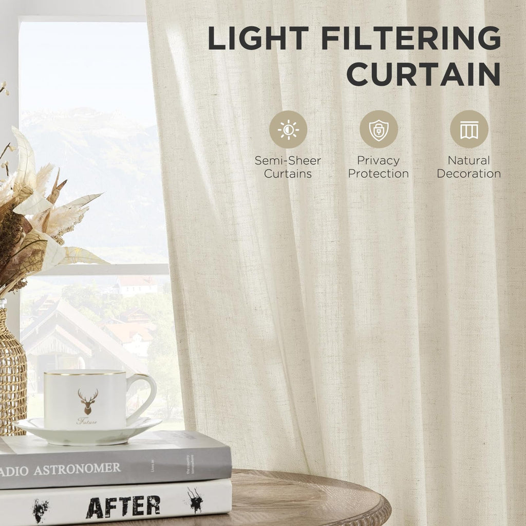 Curtains, 108 Inches Long, 2 Panels Set, Farmhouse Drapes, Semi-Blackout, Linen-Polyester, Ivory on Linen, Rod Pocket
