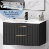 30" Floating Bathroom Vanity with Sink - Wall Mounted Vanity Cabinet with 2 Drawers & Gold Handles, Black