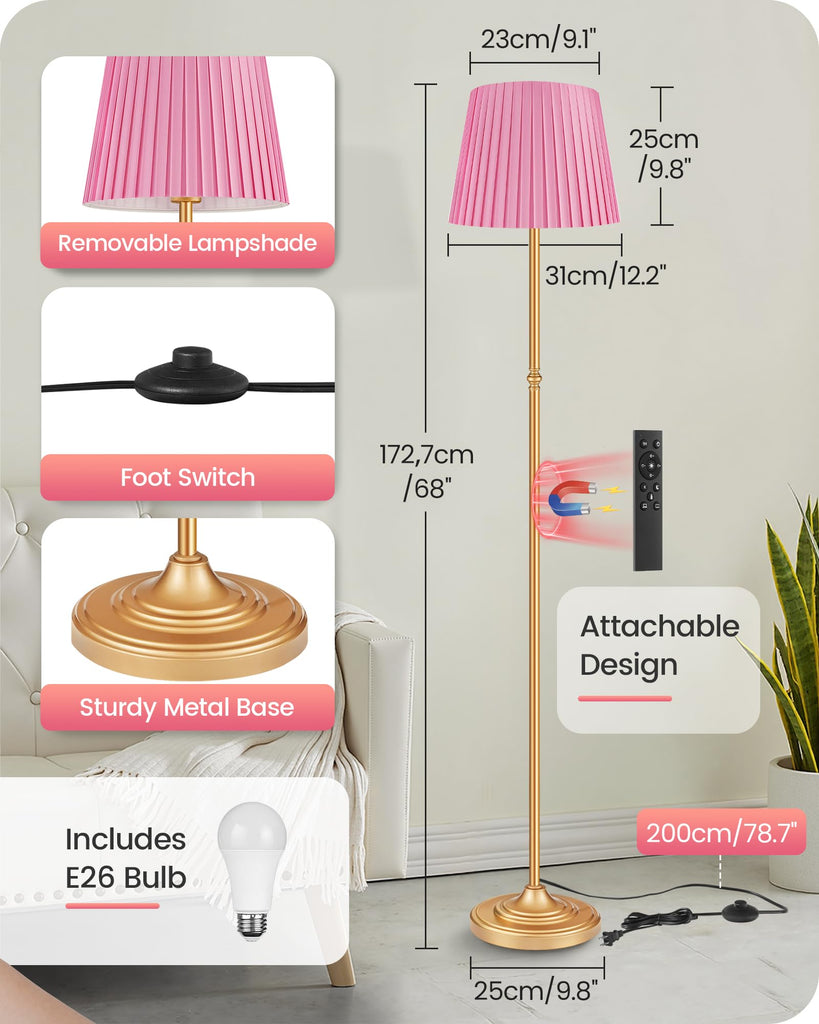 Pink Floor Lamp, 68" Standing Lamp, Dimmable Reading Light with Remote & Foot Pedal, with LED Bulb, Girls Room FCC
