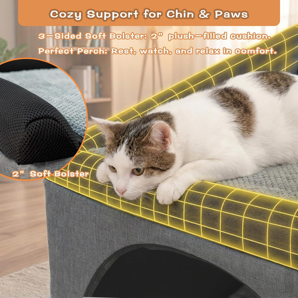 Cat Bunk Bed with Secret Passage Hole, Bedside Elevated Cat Cot for Small Cats, Reversible Lower Mattress, Soft