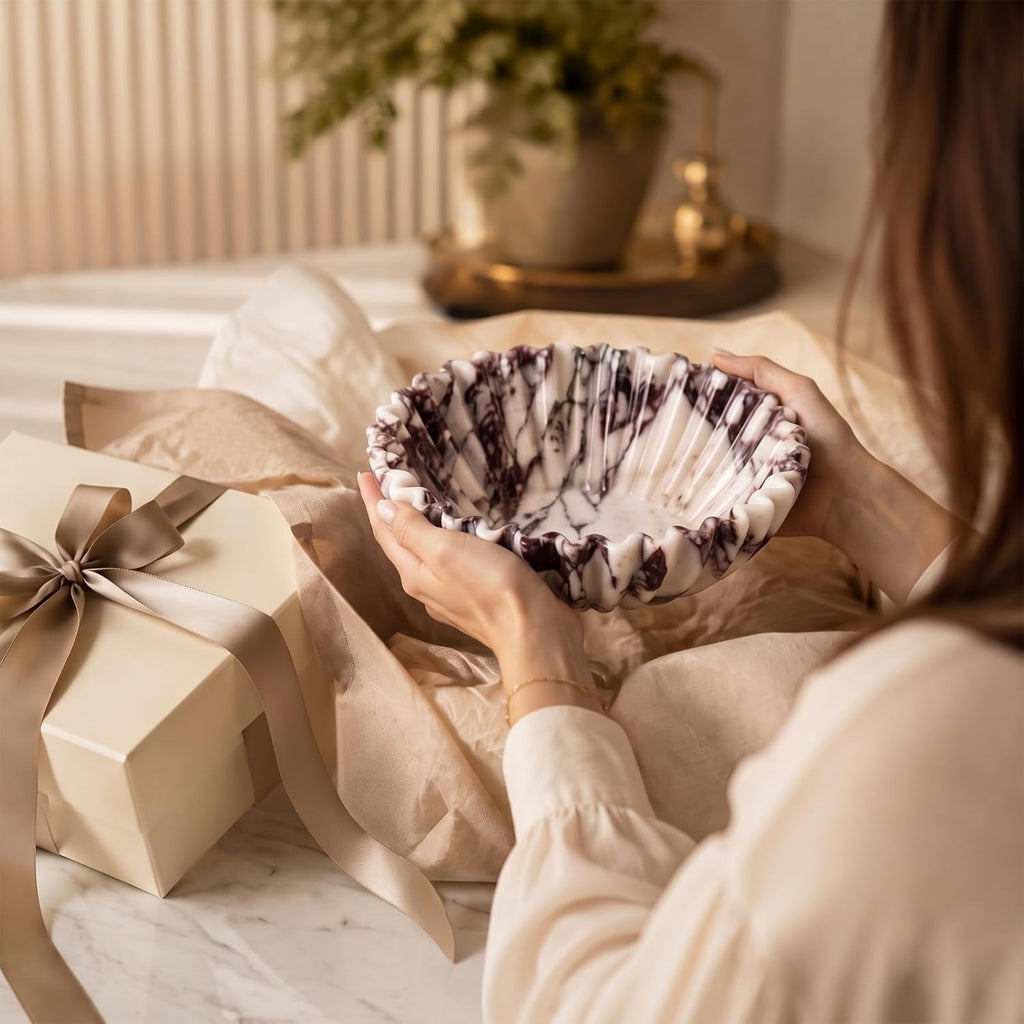 Calacatta Viola Marble Decorative Bowl 10" Handcrafted Scalloped Fruit Bowl | Luxury Natural Marble Fruit Bowl Decor