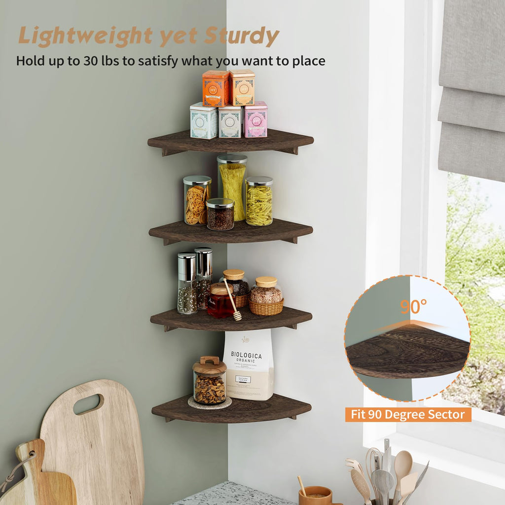 Floating Corner Shelves for Wall Set of 4, Small Corner Bookshelf Books, Round Wooden Corner Shelf Wall Mount Plants