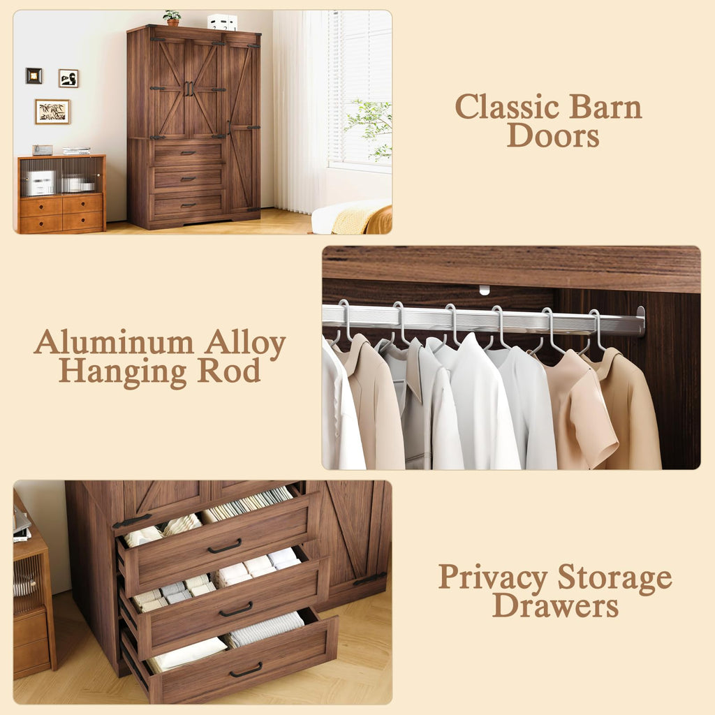 70" Tall Wardrobe Closet with 3 Doors & 3 Drawers, Farmhouse Armoire with Hanging Rod, Wooden Armoire Wardrobe Closet