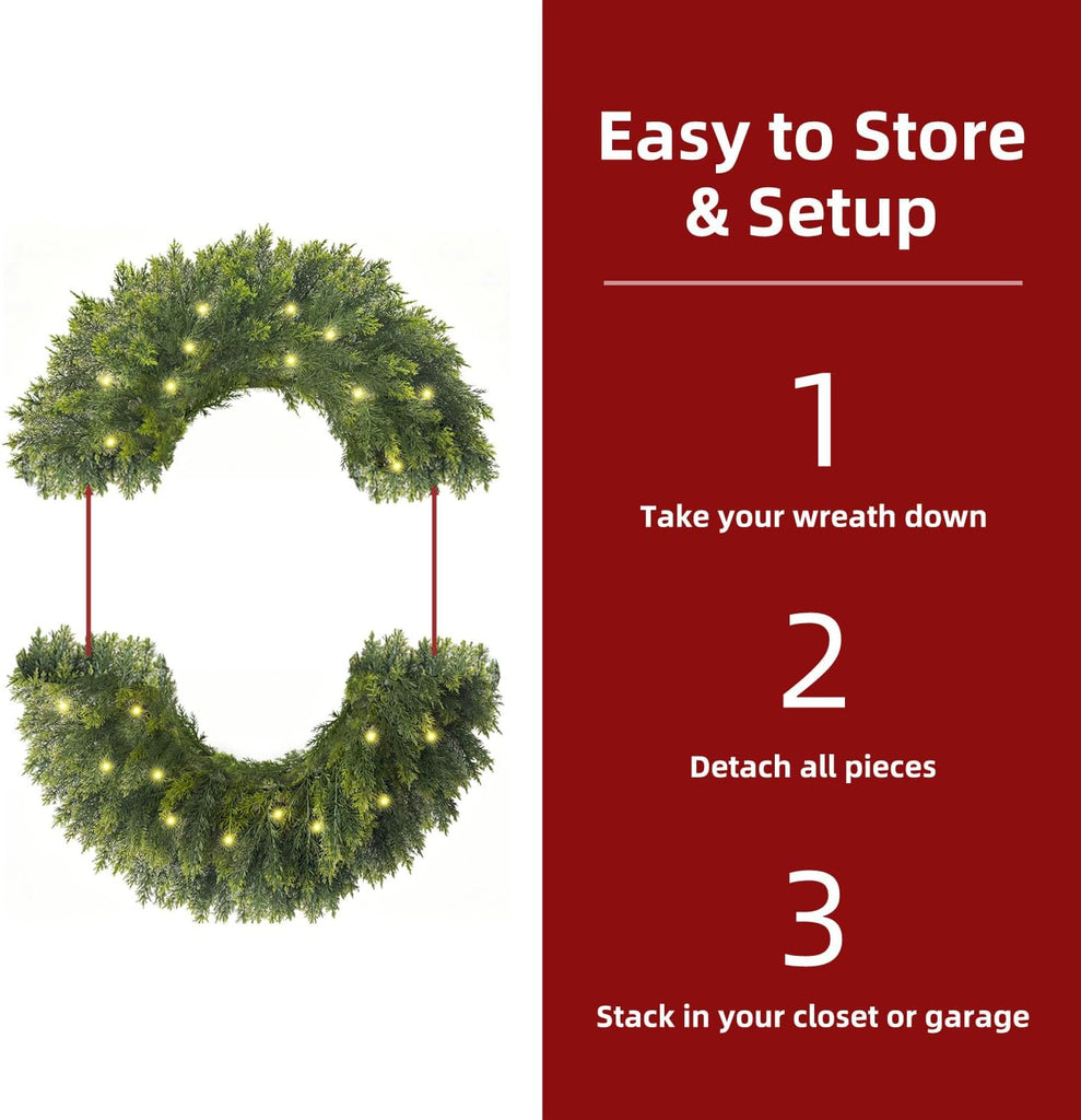 30 Inch Real Touch Lighted Christmas Cedar Wreath for Front Door | Artificial Greenery Foldable Wreath with Lights