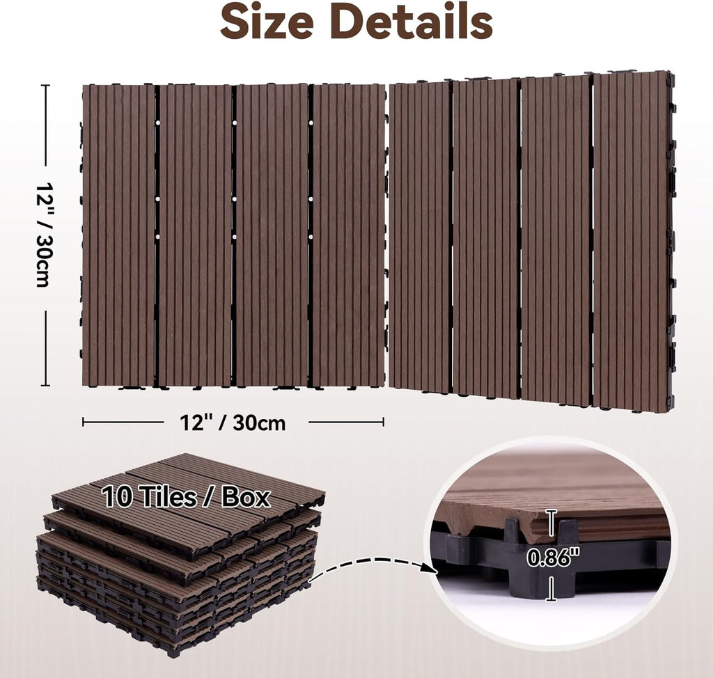 Composite Deck Tiles Interlocking Patio Flooring Outdoor, 10 Pcs 12x12 Inch Durable HDPE Tiles Waterproof, All-Weather