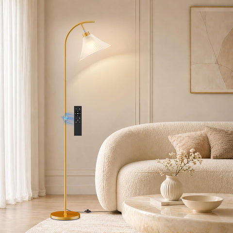Glass Floor Lamp, Dimmable Gold Standing Lamp with Remote & Foot Switch, Ribbed Frosted Glass Shade