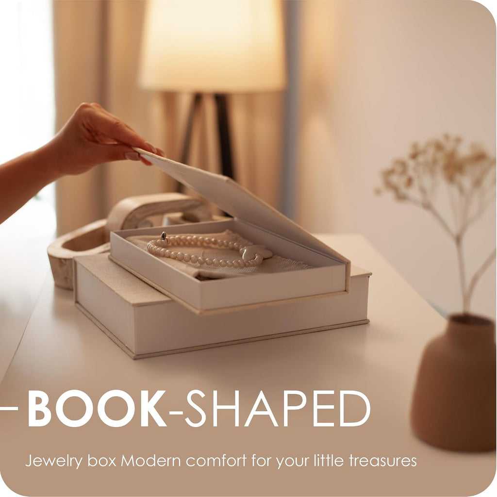Modern Decorative Books Set of 2 Premium Linen Hardcover Faux Book Box with Reliable Magnetic Closure & Paulownia