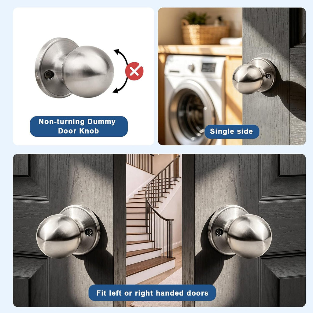 2 Pack Single Side Dummy Door Knob, Non-Turning Indoor Door Knob, Closet Door Knobs, Satin Nickel, Stainless Steel