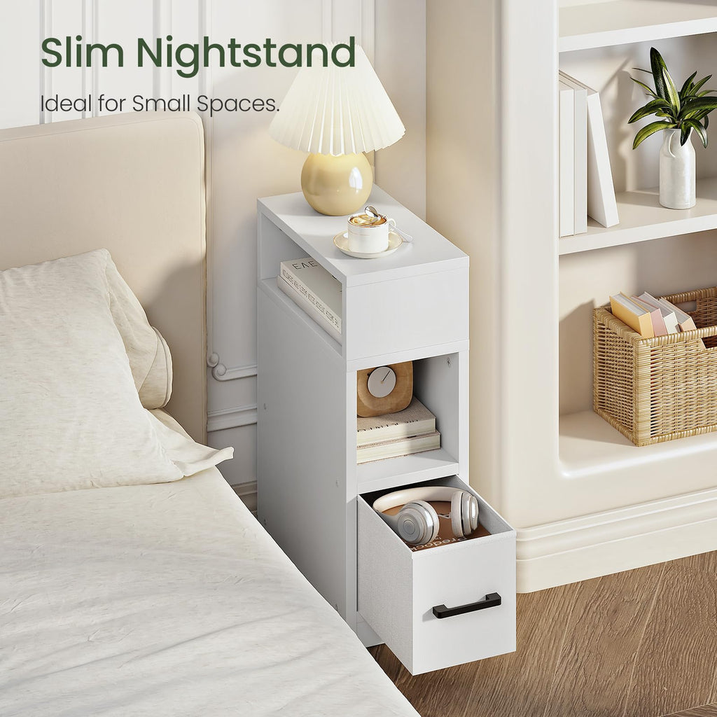Narrow Side Table, 7.9" Small Nightstand with Drawer, Skinny Bedside Table, for Small Spaces, Flexible Open