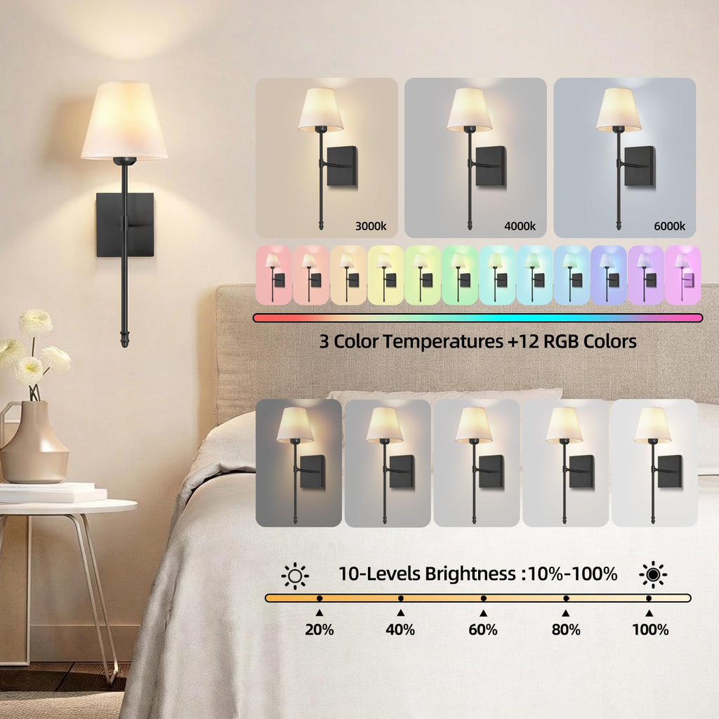 Rechargeable Battery Operated Wall Sconces Set of 2, Black Wireless Fabric Shade Wall Sconce with Remote Control