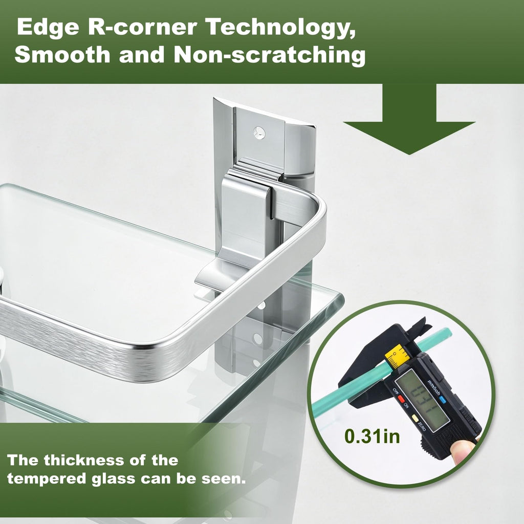 Bathroom Glass Shelf 15.7" Silver Wall-Mounted, Floating Metal Storage Rack