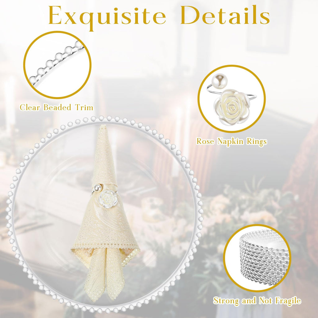 50 Set Clear Silver Charger Plates and Napkin Rings Bulk 13 Inch