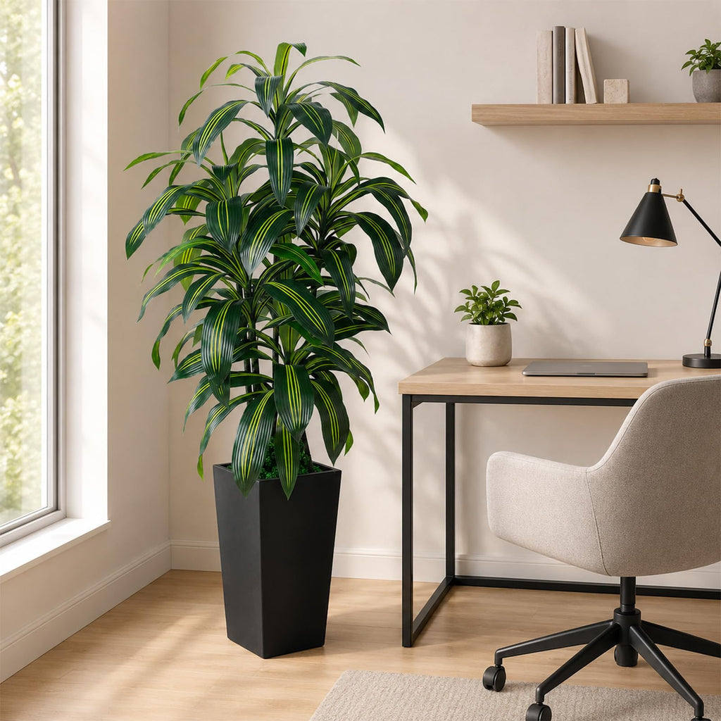 5FT Artificial Dracaena Tree, Fake Tree Indoor with Black Tall Planter, Tall Artificial Plants Indoor, Artificial Silk