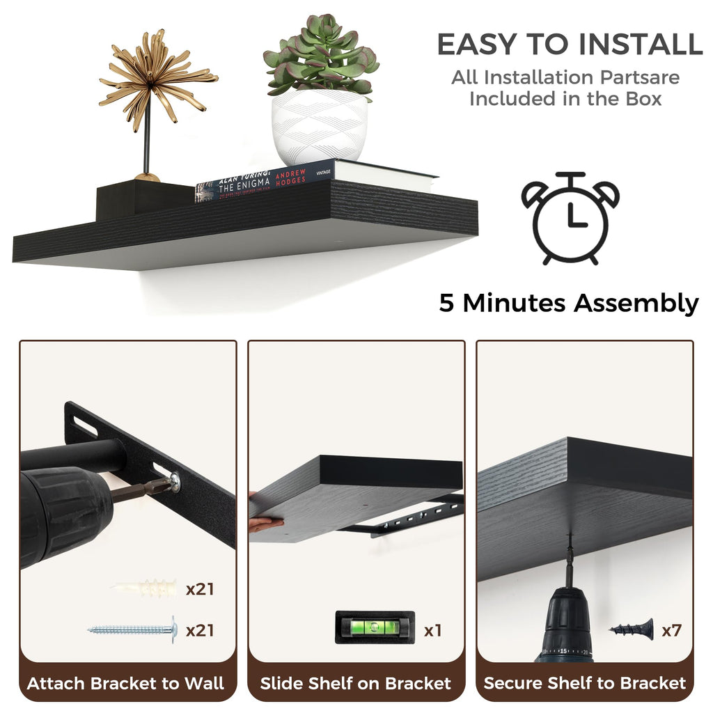 48" Wide x 9" Deep Floating Shelves for Wall, Black Finish, 2-Pack