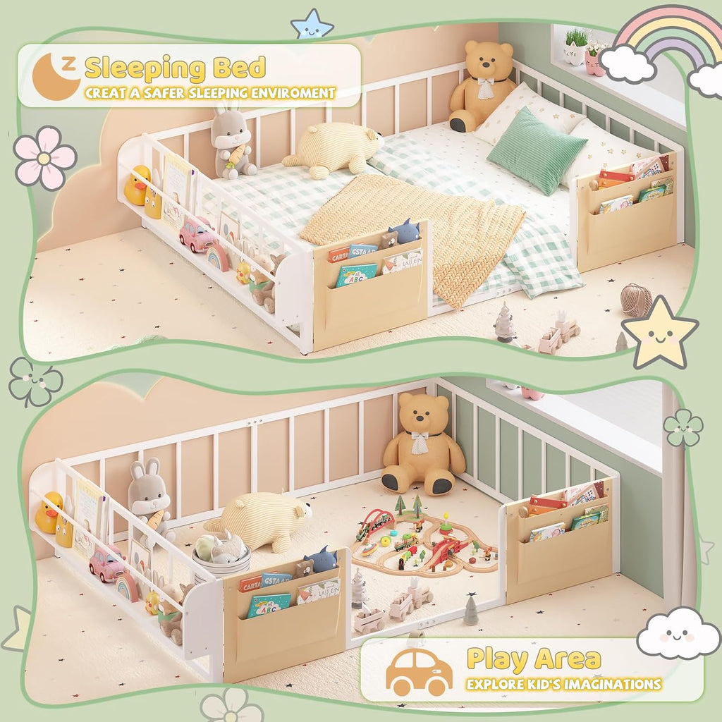 Floor Bed for Kids with Safety Guardrails, Montessori Bed White