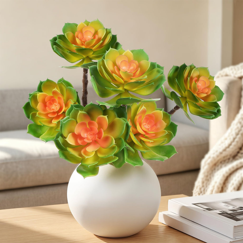 2 Pcs Large Artificial Succulent Plants, 14.2-Inch Green Orange Rounded Rosettes, 3 Heads Each, UV-Resistant Unpotted