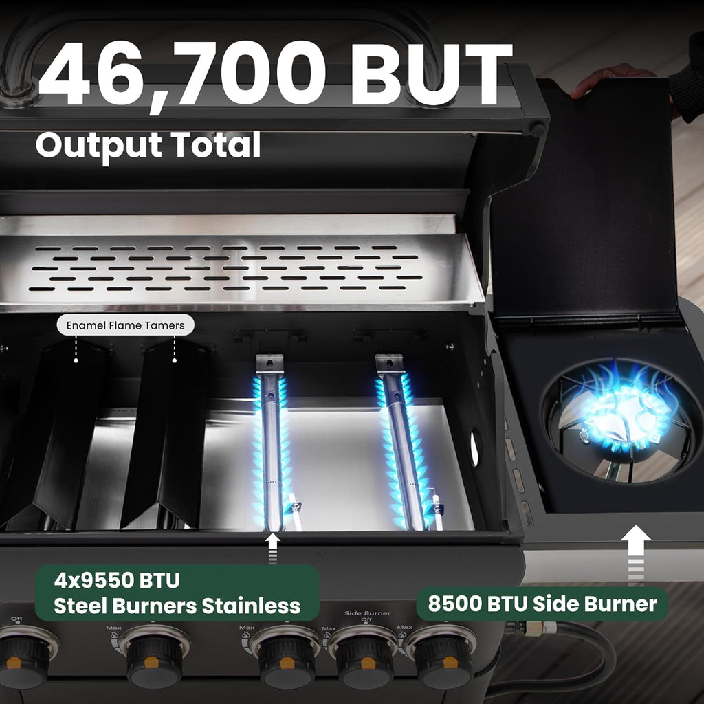 2-in-1 Propane Gas Grill with Side Burner, 4-Burner Flat Top Grill, 46,700 BTU Outdoor BBQ Propane Griddle for Patio, Backyard, and Camping