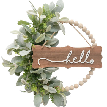 Green Wreath for Front Door, Wood Bead Wreaths with Artificial Lambs Ears Leaves, Hello and Welcome Door Sign Wreath