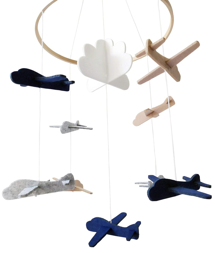 Airplane Nursery Set - Includes Baby Crib Mobile (Airplanes in The Clouds) + Wooden Baby Crib Mobile Arm - for Boys &