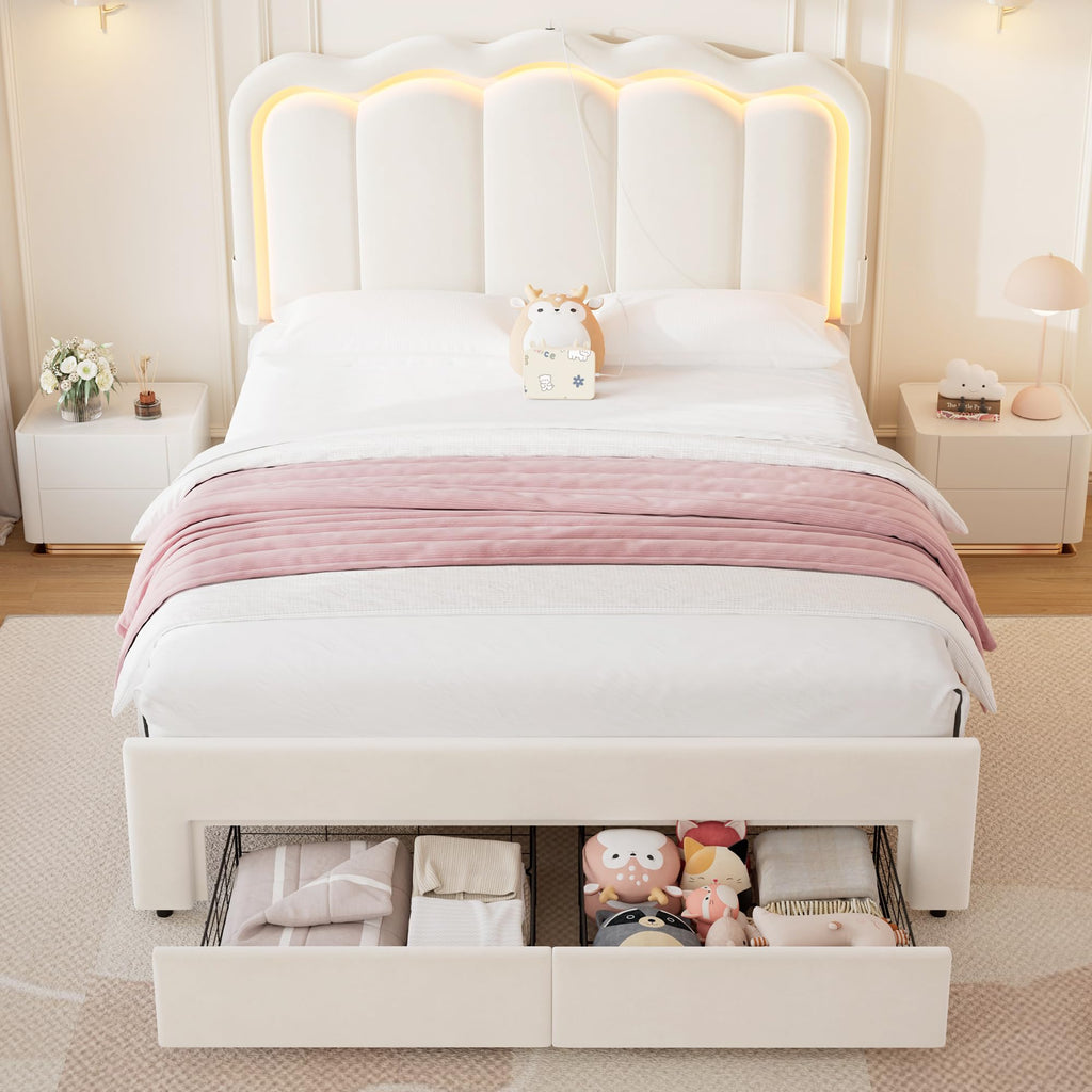 Full Upholstered LED Bed Frame with 2 Storage Drawers and Adjustable Chic Double Wavy Headboard, Velvet Princess