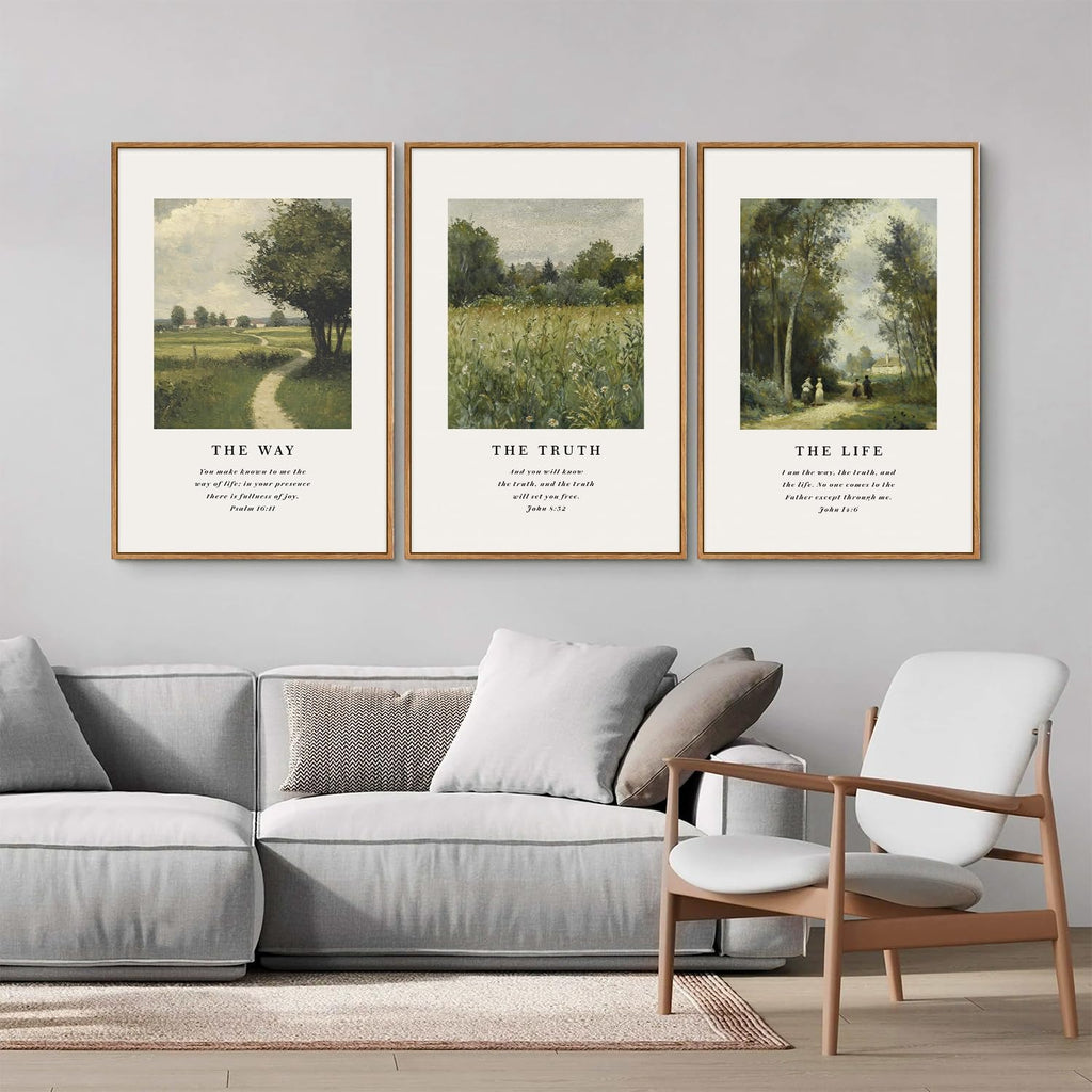Christian Scripture Framed Canvas Wall Art Set, Jesus Bible Verse Posters Wall Decor, Vintage Monet Nature landscape