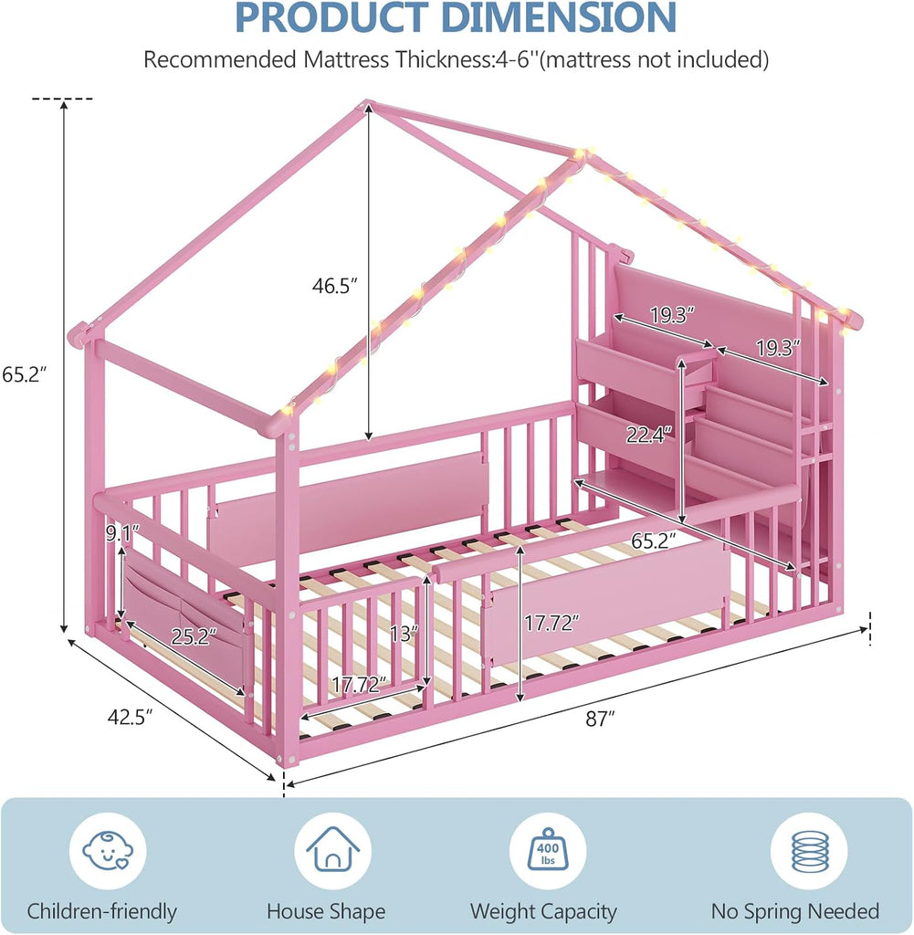 Floor Bed with Storage Bookshelf and Globe String Lights House Montessori Floor Bed for Girls with Safety