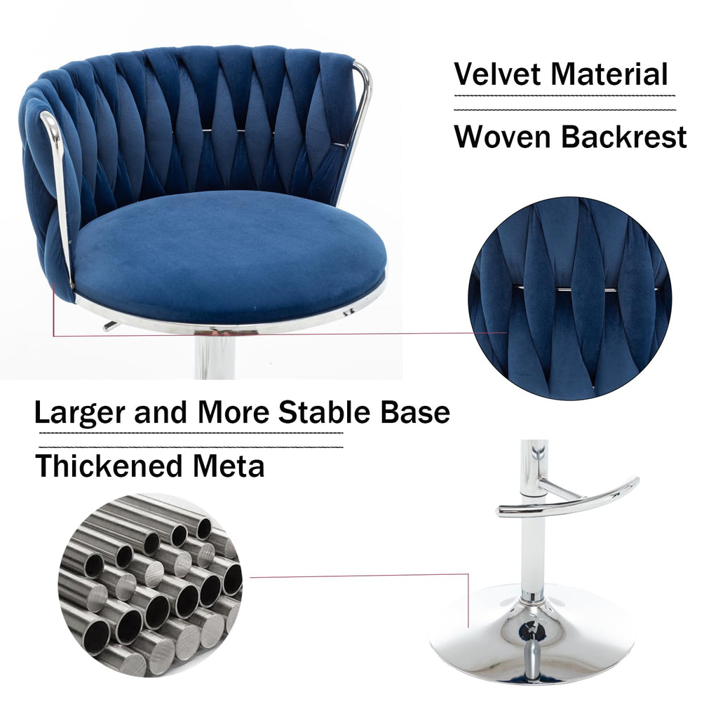 Velvet Bar Stools Set of 2, Swivel Counter Height Bar Stools with Back, Adjustable Woven Barstools Island, Pub, Club
