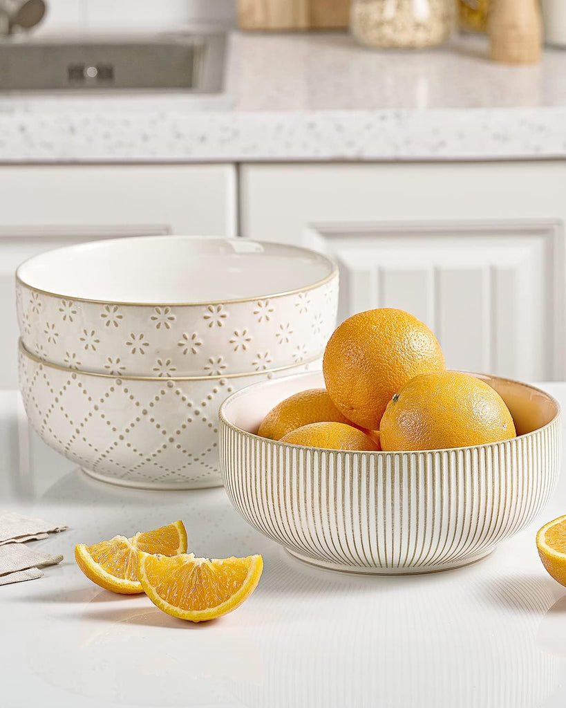 Large Serving Bowls (8 inch & 60 fl oz), Ceramic Salad Bowl Set of 2, Microwave and Dishwasher Safe, Farmhouse