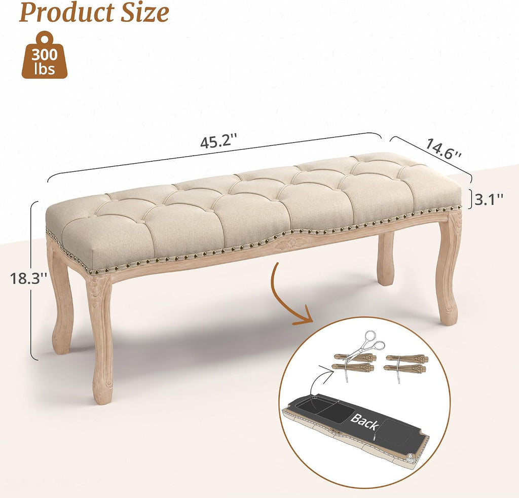 Bedroom Bench, French Vintage Tufted Entryway Bench, 45.2" Carving Upholstered End of Bed Bench with Distressed Wood