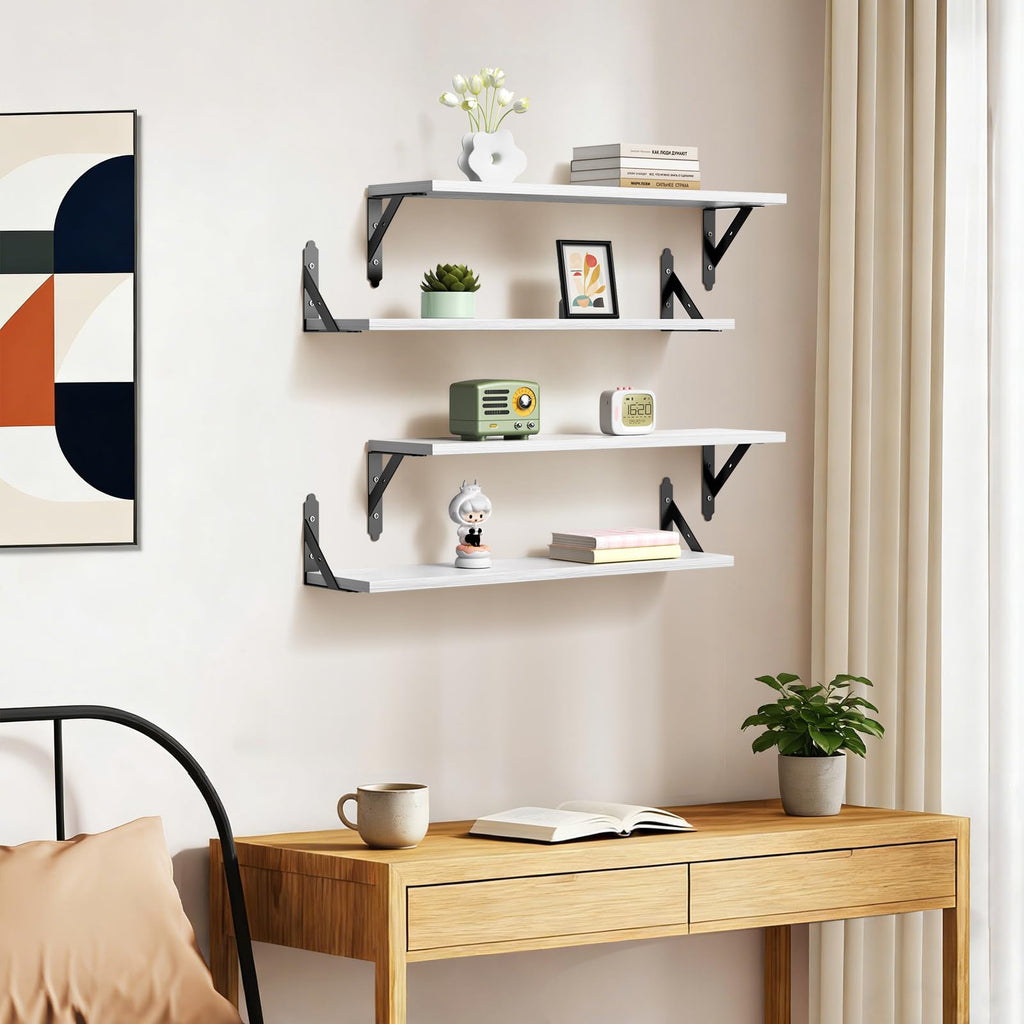 Wood Wall Floating Shelves Set of 4, 23.6" x 6" - White