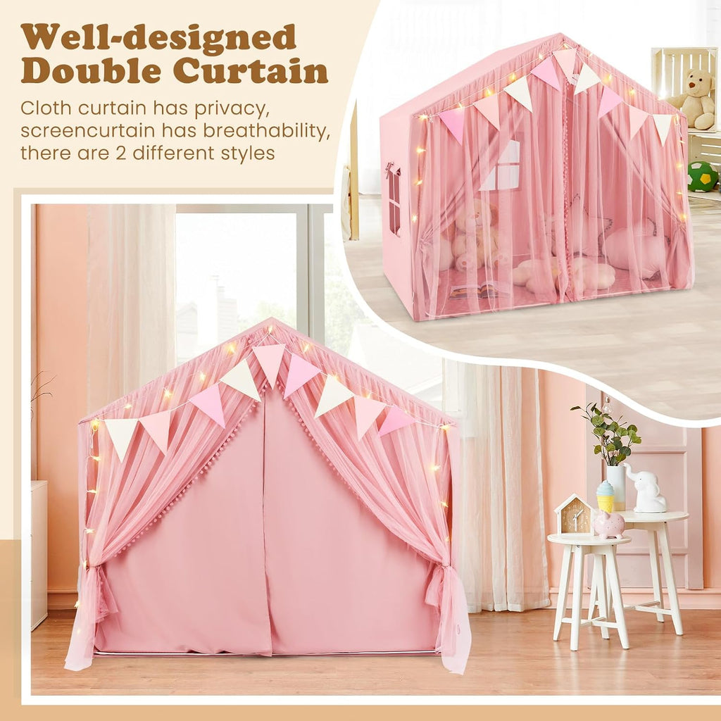 Kids Play Tent, Large Size Playhouse with Washable Cotton Mat Star Light Windows Plaid Pennants, 57.5" x 38" x 52.5"